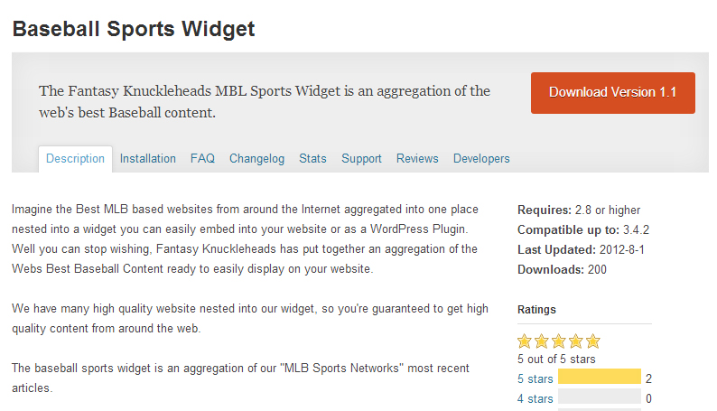 Baseball Sports widget plugin