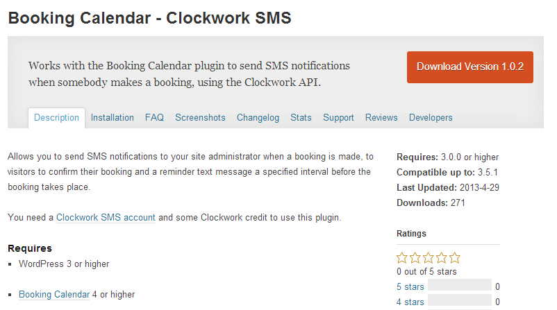 Booking Calendar Clockwork SMS plugin