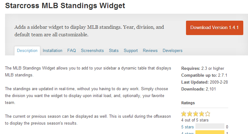 Starcross MLB standings widget plugin