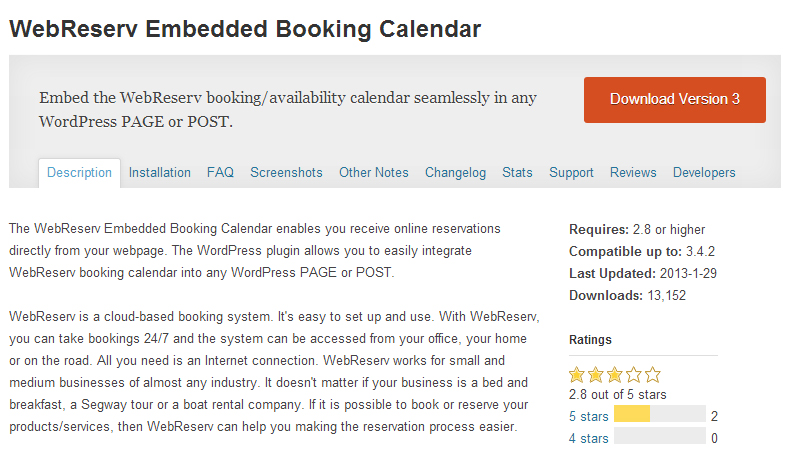 WebReserv Embedded Booking Calendar plugin