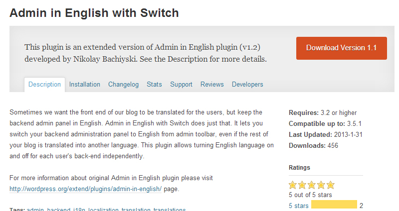 ADMIN IN ENGLISH WITH SWITCH WordPress Plugin