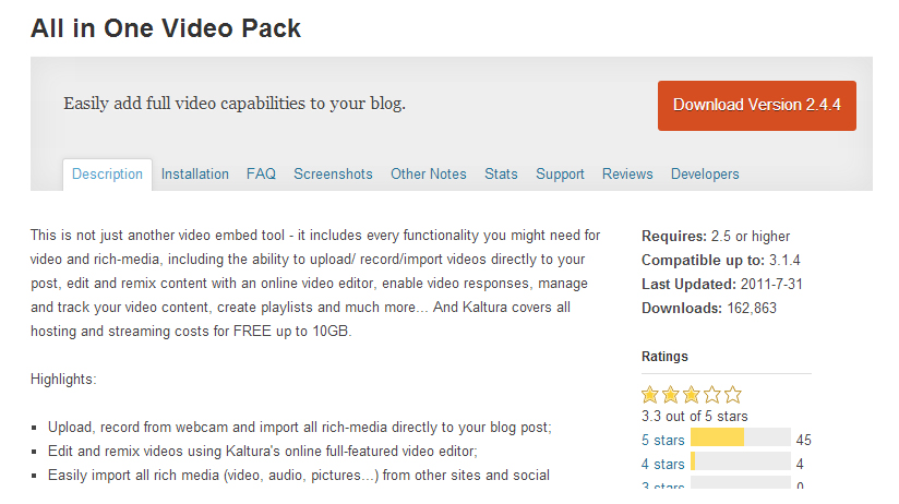 All in One Video Pack wp plugin