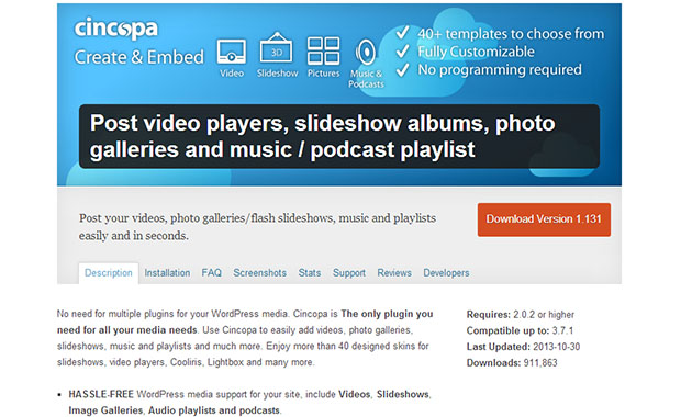 Post video players, slideshow albums, photo galleries and music podcast playlist