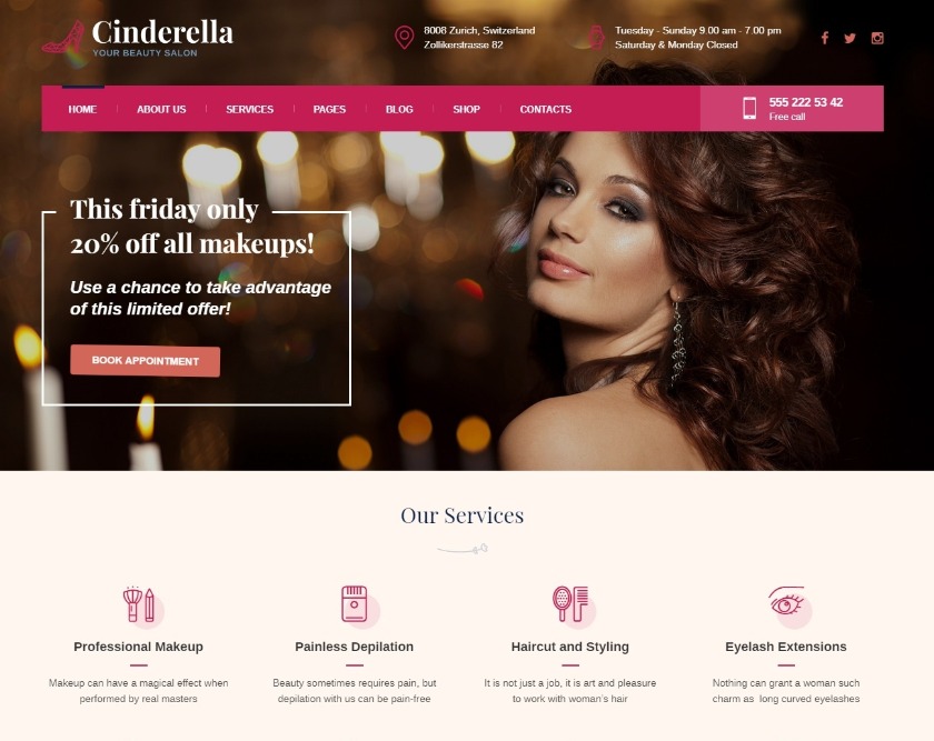 Cinderella Beauty, Hair and SPA Salons WordPress Theme