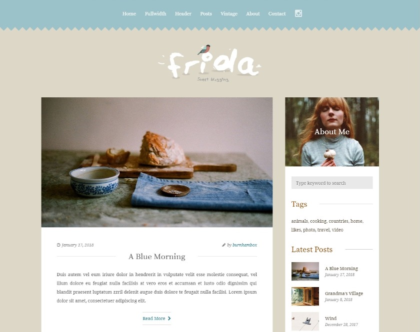 Frida Sweet and Exemplary Blog WordPress Theme